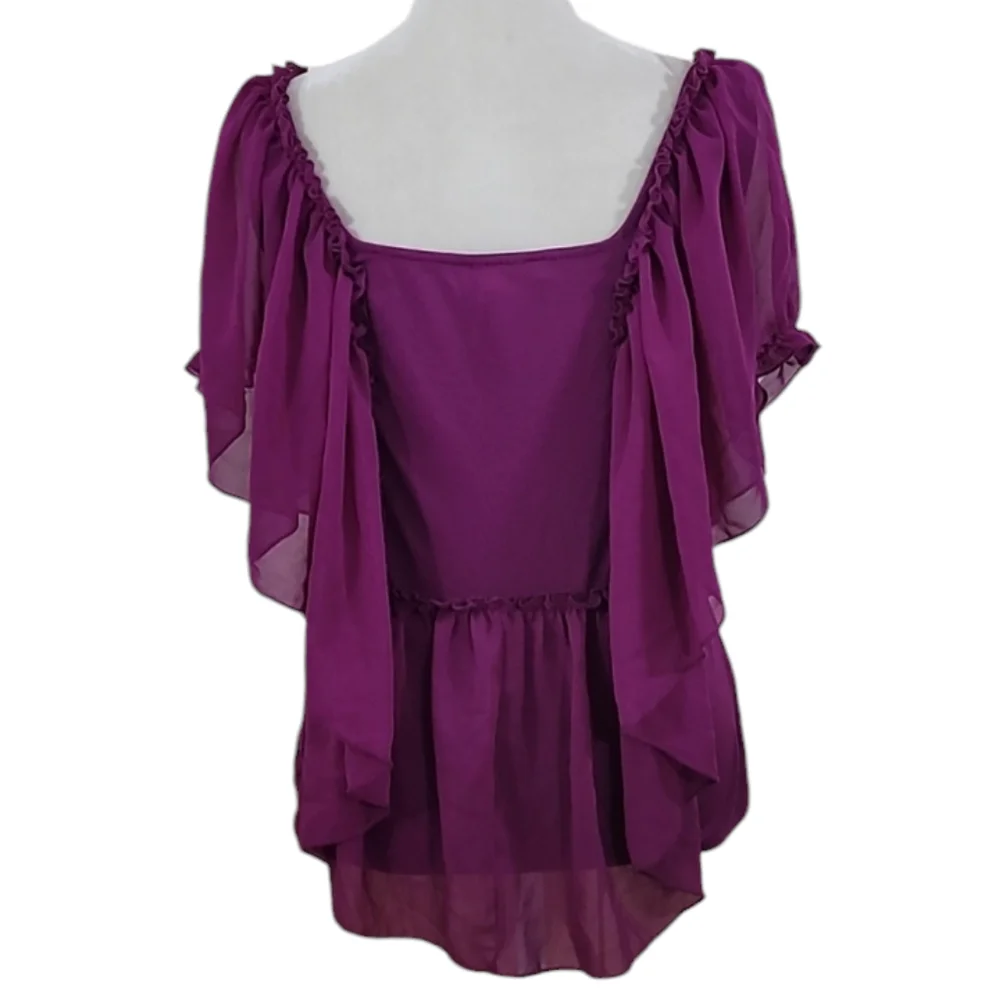 Moa Moa Purple Beaded Top Crochet Trim Flutter Sleeves Sz Large - Picture 4 of 11